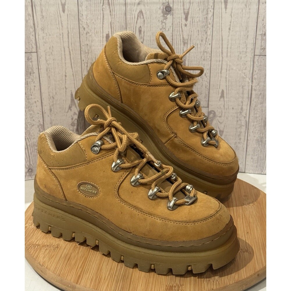 Vtg Y2K Skechers Womens Jammers Lug Soles Chunky Platform Leather Shoes Tan 8
